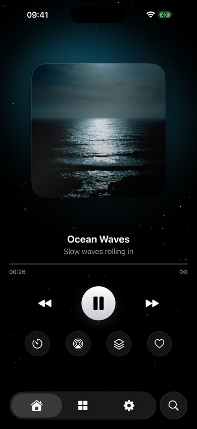 The Laven player playing Ocean Waves over a starry background, with play, timer, AirPlay, Mix and favorite buttons.